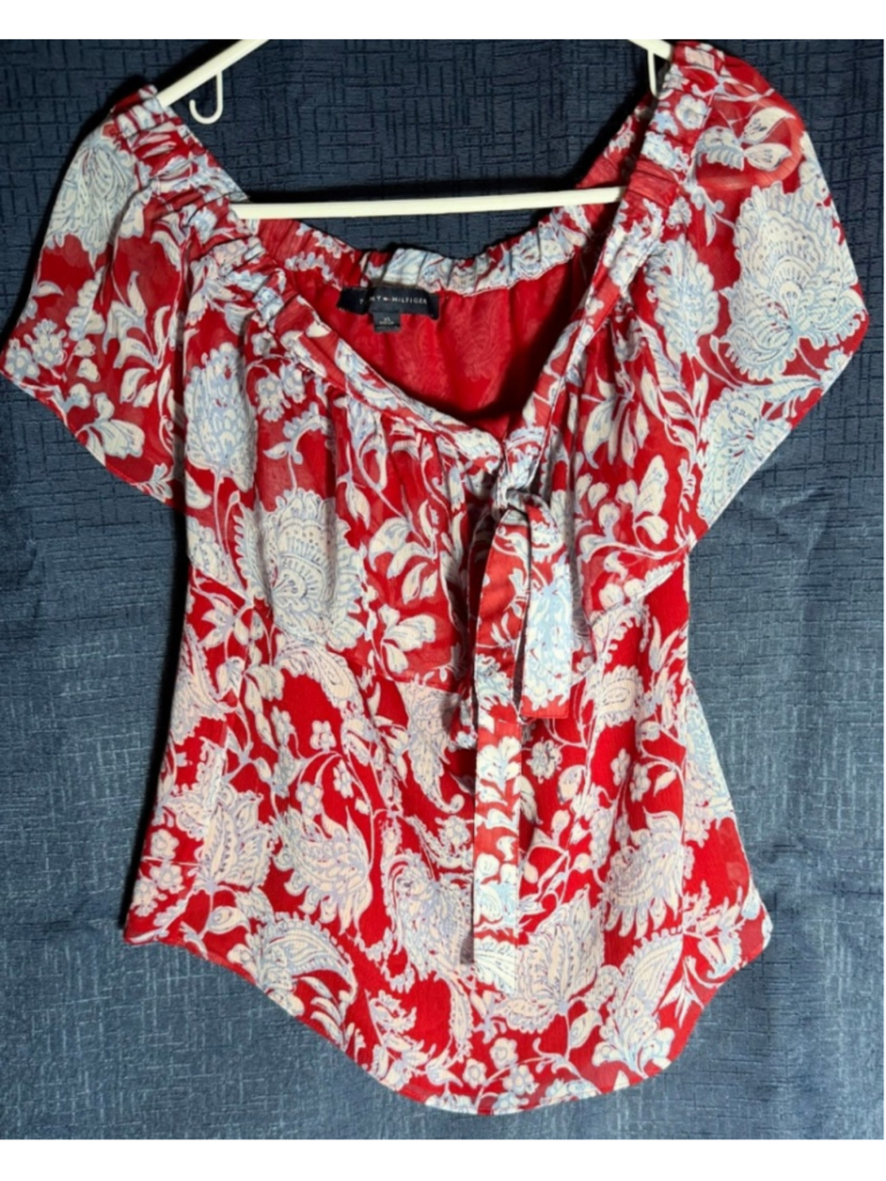 Women's Tommy Hilfiger Red & White Floral Off-Shoulder Blouse XS Hawaiian boho